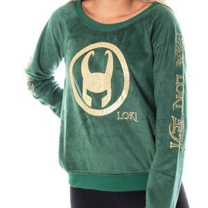 Women's Marvel Loki  Glitter Foil Print Fleece Long Sleeve Pajama Sleep Shirt